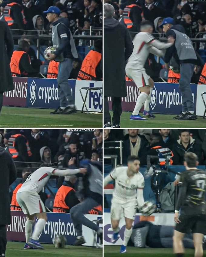 Neto lao vào xô ngã cậu bé nhặt bóng gần cuối trận Chelsea thua PSG 2-5 ở lượt đi vòng 1/8 Champions League trên sân Parc des Princes, Paris ngày 11/3. Ảnh chụp màn hình