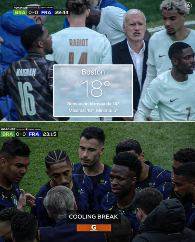 Trận đấu giữa Pháp và Brazil, diễn ra trong điều kiện thời tiết 18 độ C, áp dụng quãng nghỉ uống nước (cooling break) giữa mỗi hiệp.