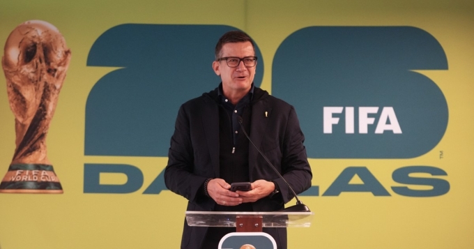 Ông Heimo Schirgi phát biểu tại họp báo công bố sự kiện Fan Festival của World Cup 2026 ở Dallas, Texas, Mỹ ngày 9/3/2026. Ảnh: AP