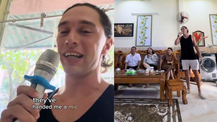 Xem anh Tây đi lấy đồ giặt 'bị' chủ tiệm kéo vào hát karaoke, dân mạng bật cười- Ảnh 1.