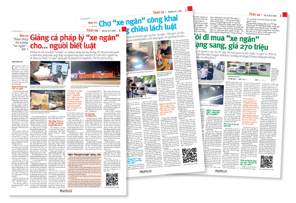 Loạt bài điều tra “Thâm nhập thị trường “xe ngân”” đăng trên báo Pháp Luật TP.HCM từ ngày 18 đến 20-3. (Ảnh chụp màn hình) P5-Anhchinh.jpg
