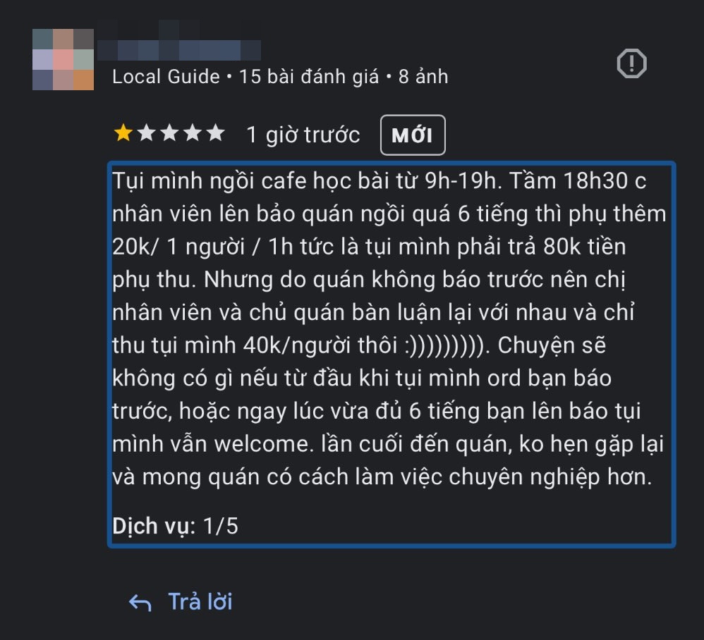 Ngồi cà phê 10 tiếng, bị phụ thu 40k/ người, nhóm khách đánh giá quán 1 sao: 