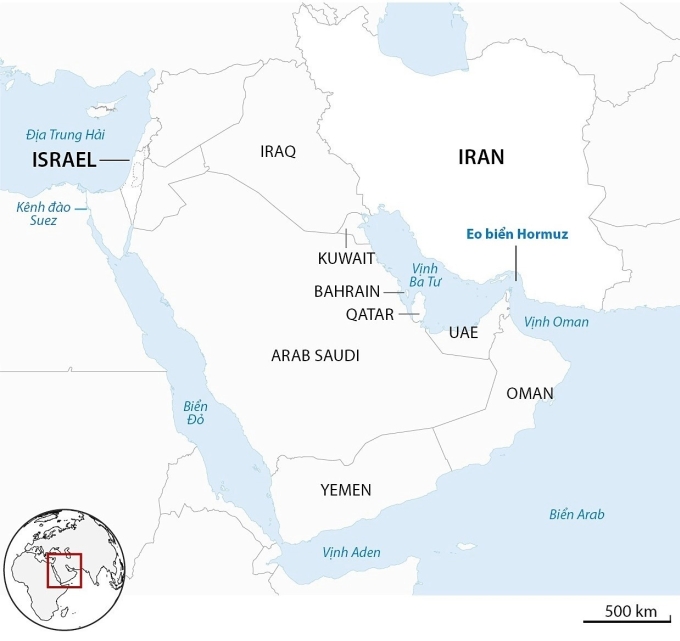 Vị trí Iran và eo biển Hormuz. Đồ họa: Guardian
