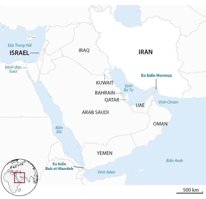 Vị trí eo biển Hormuz. Ảnh: Guardian