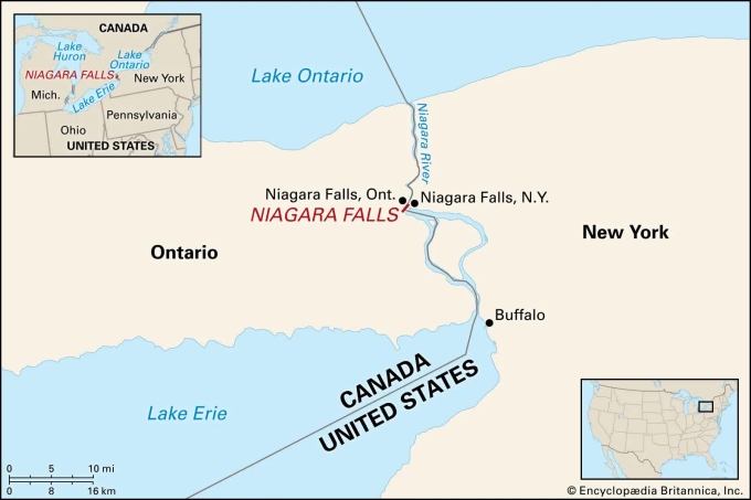 Vị trí thành phố Niagara Falls của bang New York, tiếp giáp bang Ontario của Canada. Đồ họa: Britannica