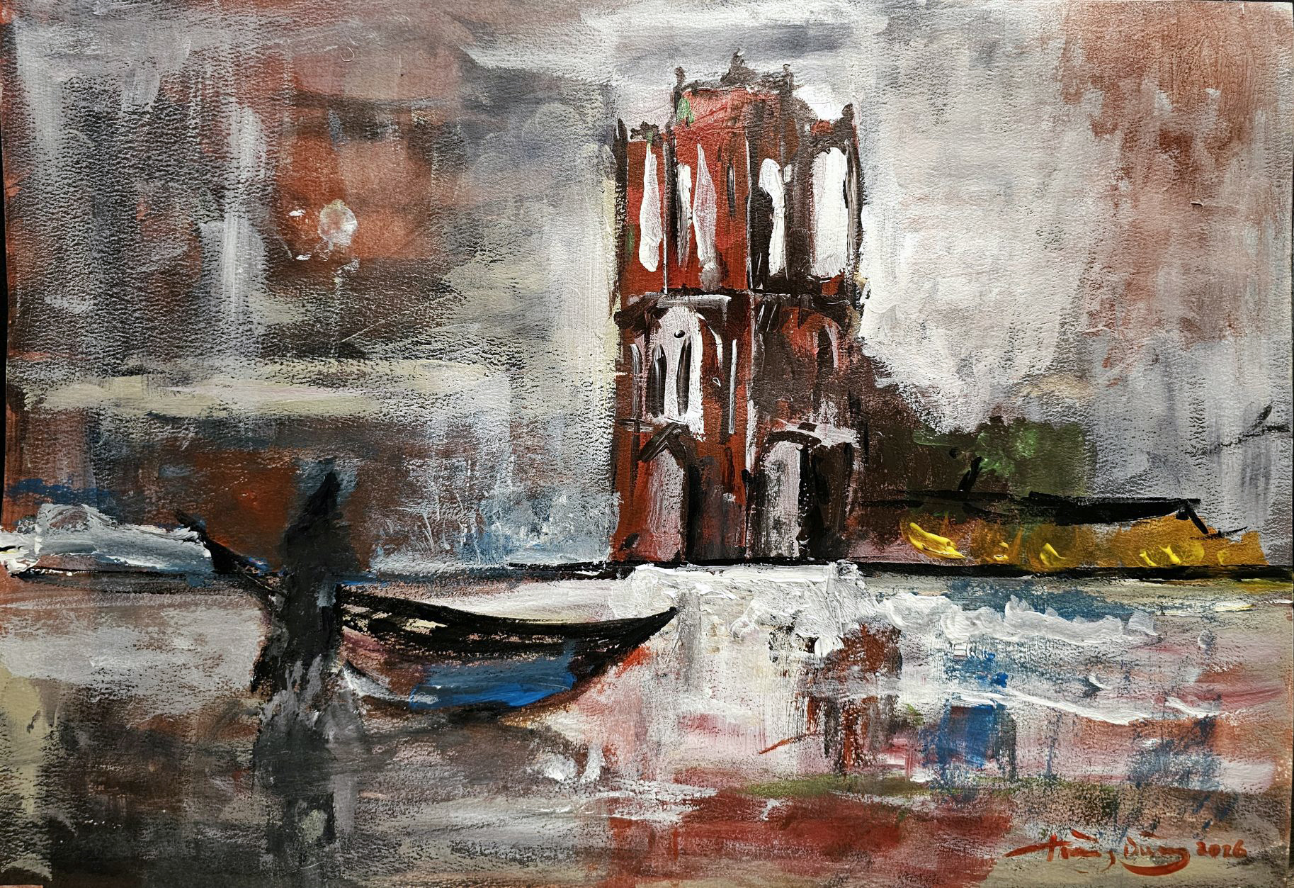 Nhà thờ đổ giữa đêm trăng - tranh của KTS Dũng Hoàng