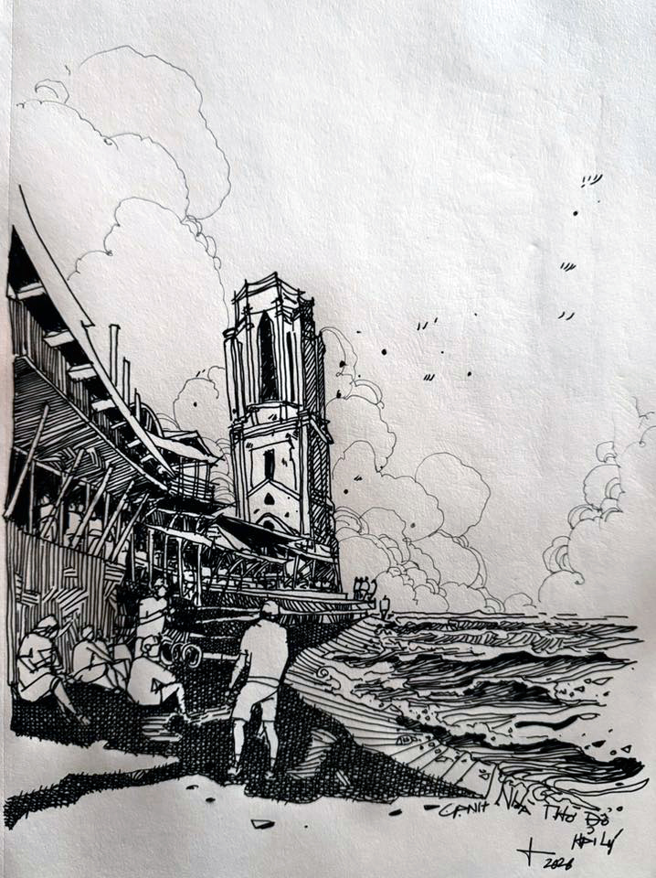 Hiện nay, nhiều nhà hàng quán ăn mở ra xung quanh nhà thờ đổ - ký họa của họa sĩ Ngọc Nguyễn