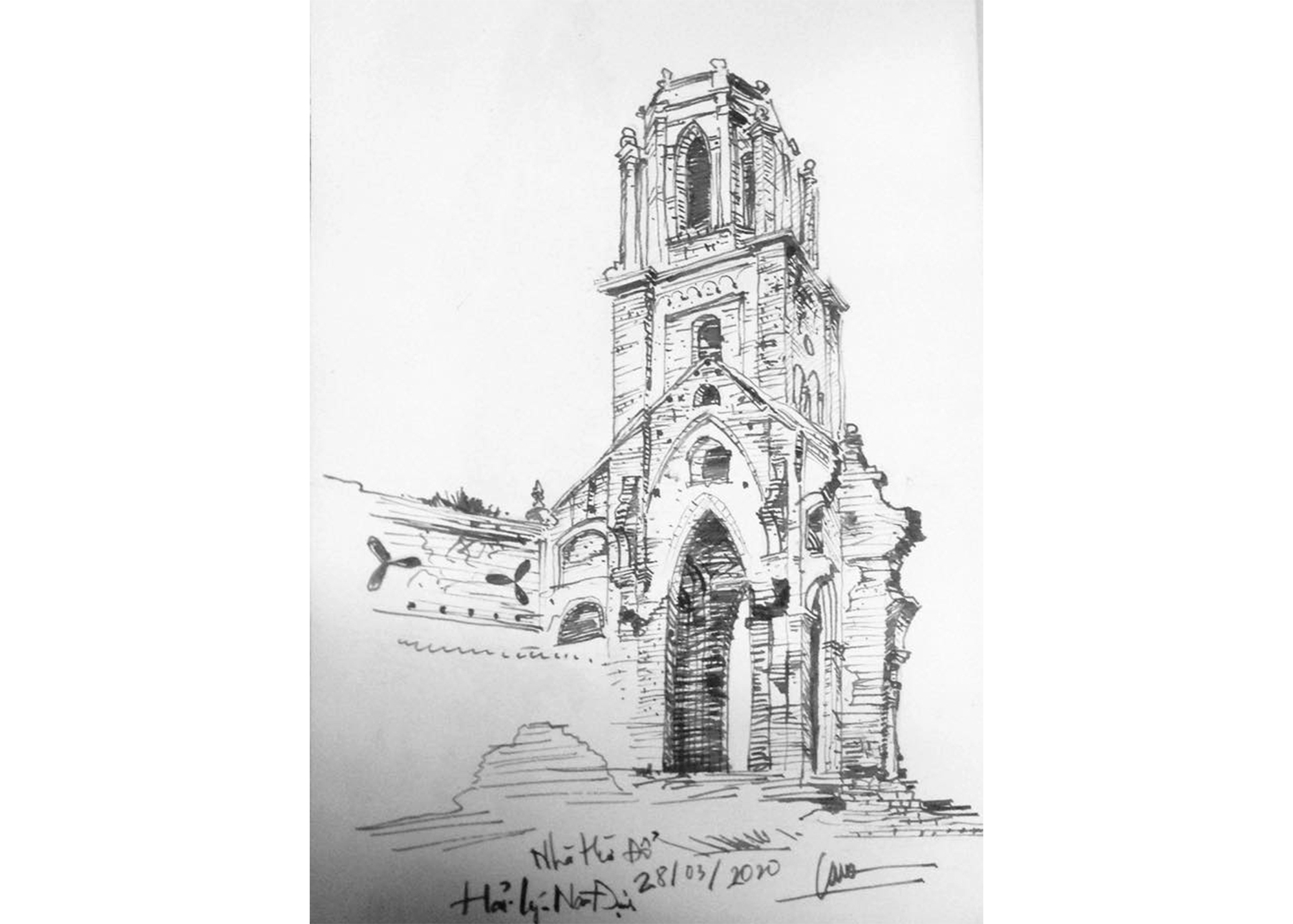 Sau cơn bão năm 2005, nhà thờ đổ chỉ còn lại tháp chuông và một phần tường - ký họa của KTS Đinh Thế Anh