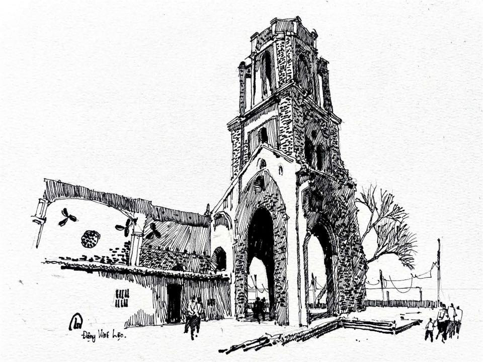 Nhà thờ đổ vô tình trở thành "biểu tượng du lịch" được nhiều du khách tìm về - ký họa của KTS Đặng Viết Lộc