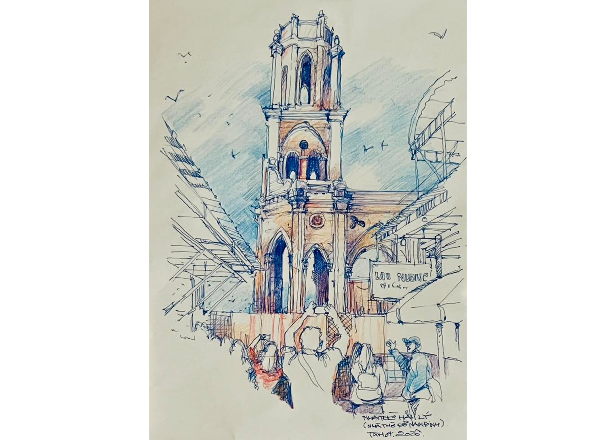 Hàng quán, du khách nhộn nhịp quanh nhà thờ đổ - ký họa của KTS Trần Xuân Hồng