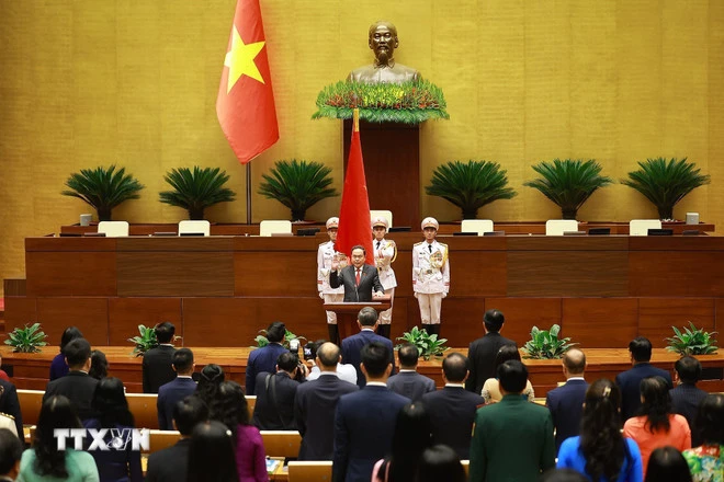 Chủ tịch Quốc hội khóa XVI Trần Thanh Mẫn tuyên thệ nhậm chức. Ảnh: TTXVN. dong-chi-tran-thanh-man-tuyen-the-nham-chuc-chu-tich-quoc-hoi-khoa-xvi-5.jpg