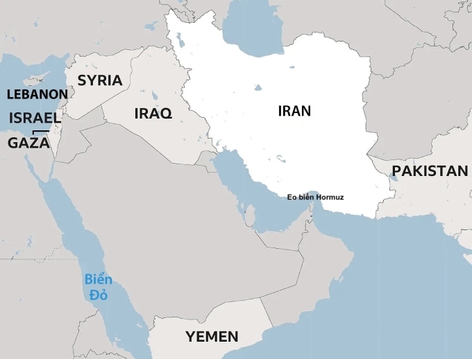 Vị trí Israel, Lebanon, Iran và eo biển Hormuz. Đồ họa: BBC