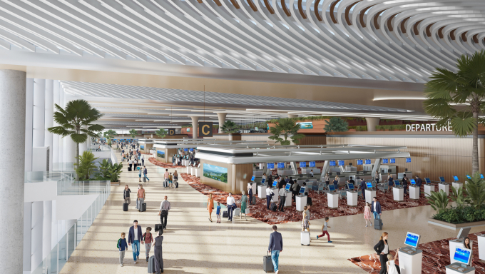 Phối cảnh Cảng hàng không Quốc tế Phú Quốc với khu vực làm thủ tục tự động hiện đại. Ảnh: HOK