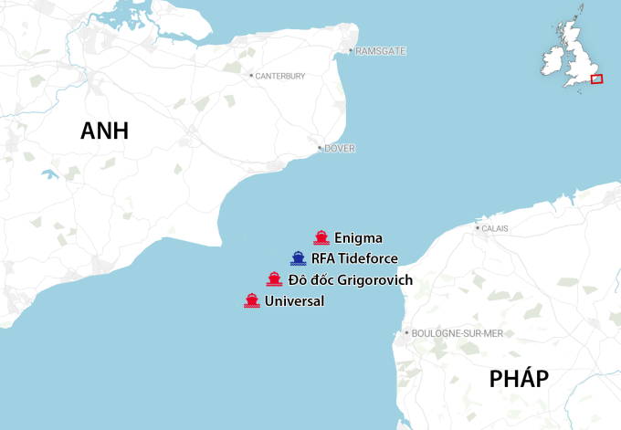 Thứ tự tàu dầu và chiến hạm Nga qua eo biển Manche ngày 8/4. Đồ họa: Telegraph