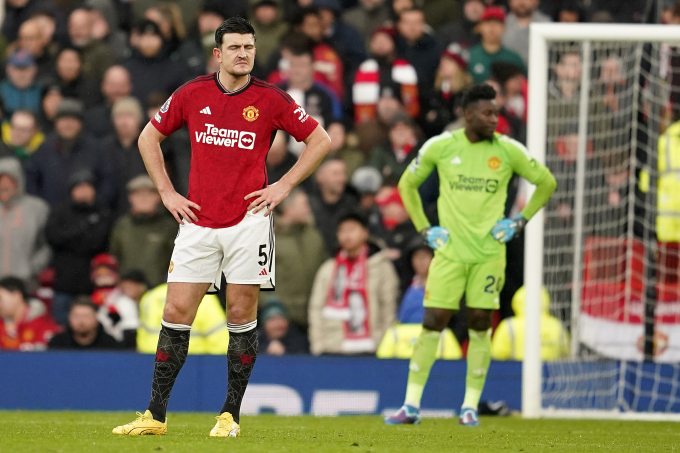 Trung vệ Man Utd Harry Maguire và thủ môn Andre Onana thất vọng sau khi thua Fulham 1-2 ở vòng 26 Ngoại hạng Anh trên sân nhà Old Trafford ngày 24/2/2024. Ảnh: AP