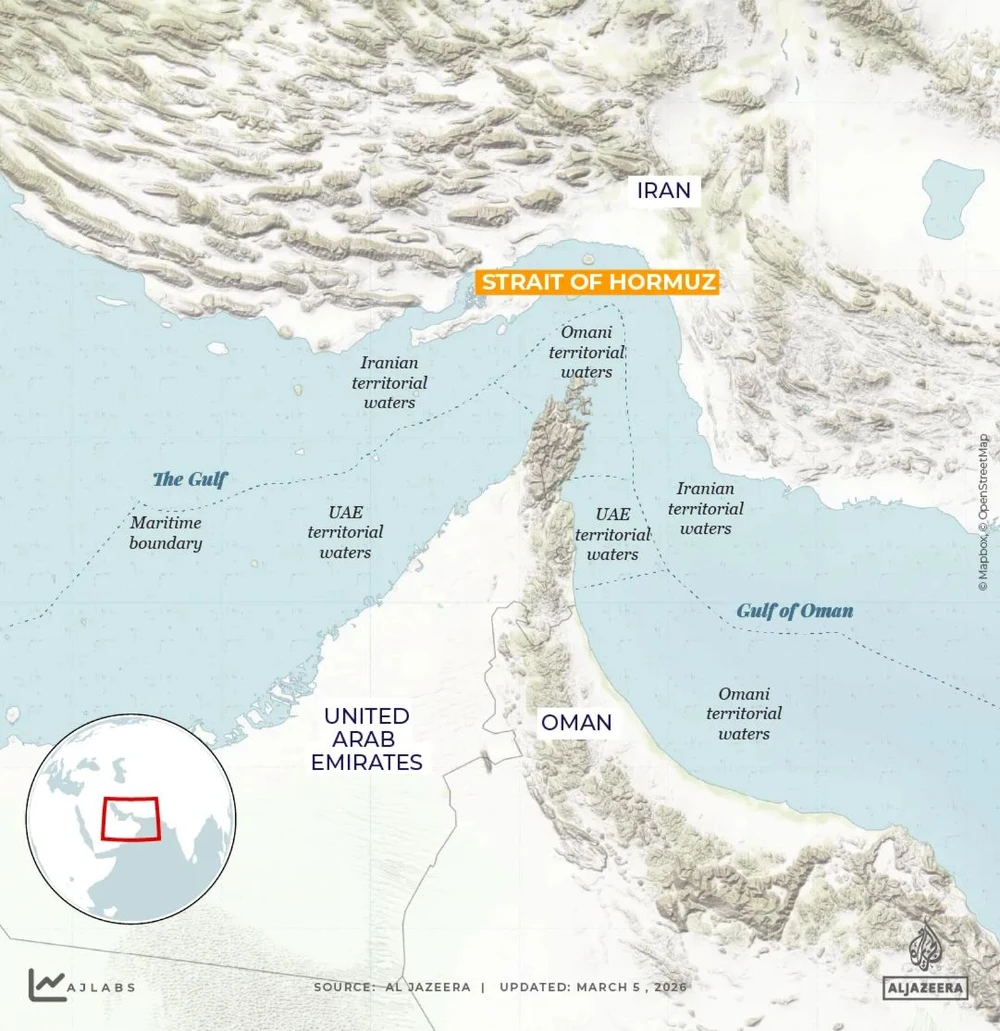 Vị trí của eo biển Hormuz trên bản đồ. Ảnh: Al Jazeera 2.png