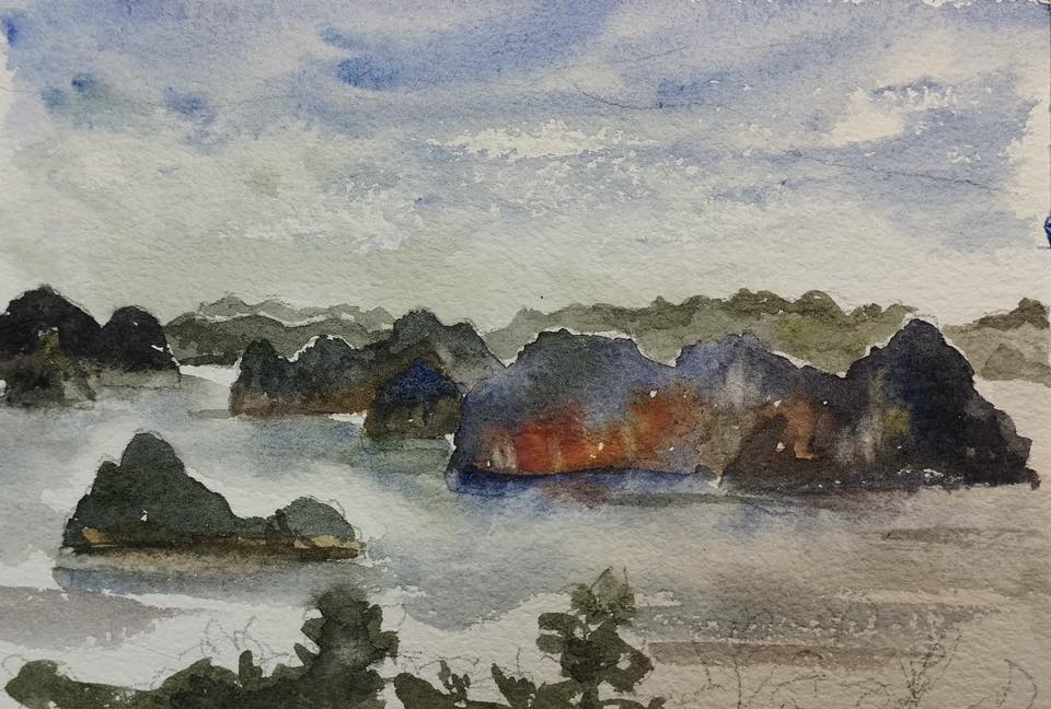 Vịnh Hạ Long có thể được xem là bảo tàng địa chất tự nhiên - ký họa của họa sĩ Trần Bình Minh