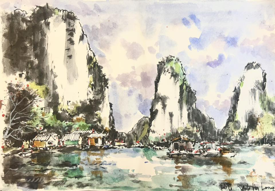 Làng nổi trên Vịnh Hạ Long - ký họa của Phan Đình Trung