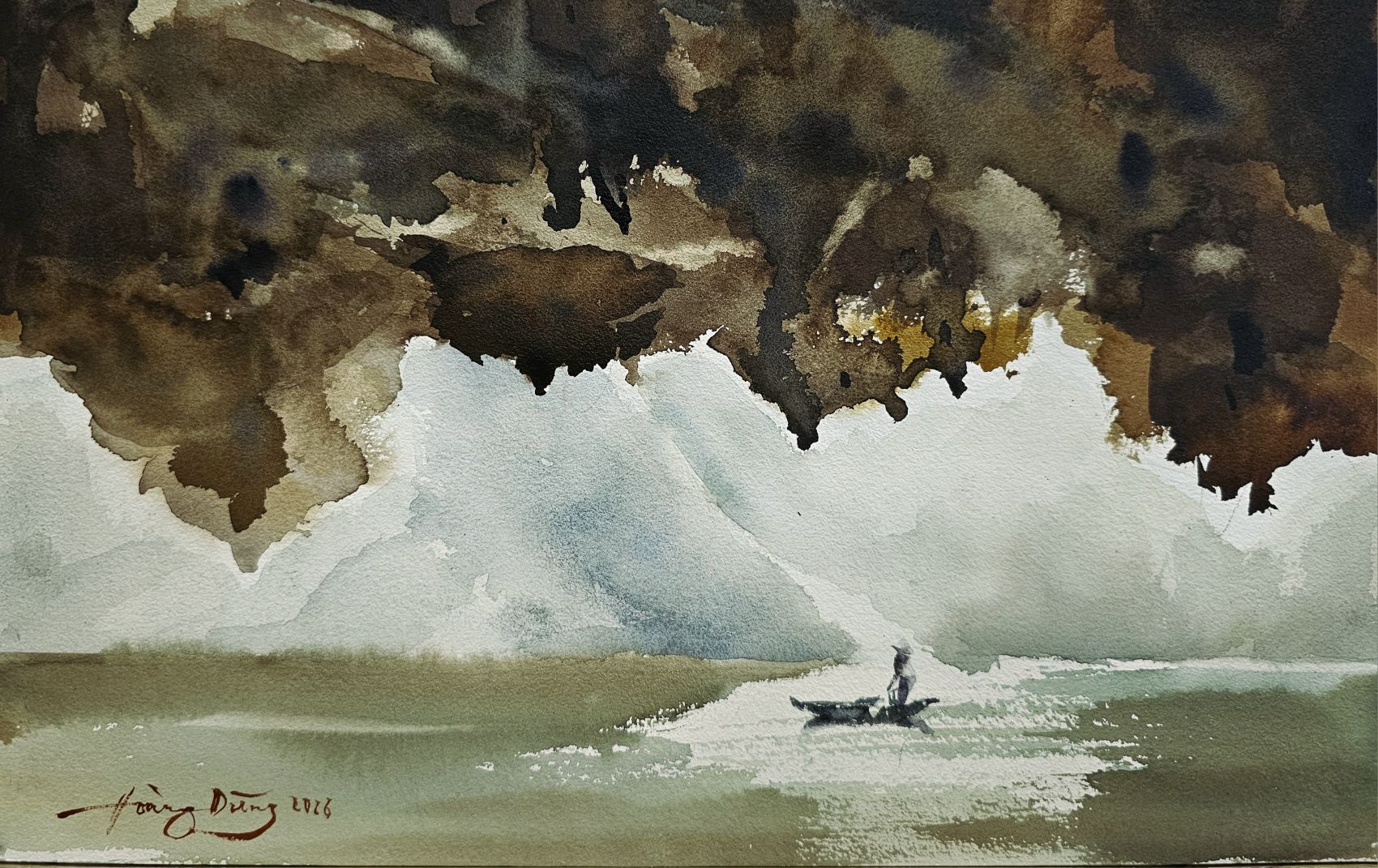 Những hòn đảo trong Vịnh Hạ Long được tạo thành từ đá vôi qua hàng trăm triệu năm - tranh của KTS Hoàng Dũng.