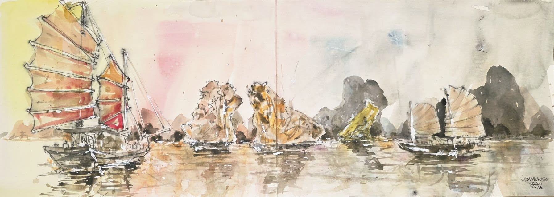 Thuyền buồm truyền thống trên vịnh Hạ Long đặc trưng bởi cánh buồm đỏ nâu hình cánh dơi - ký họa của KTS Bùi Hoàng Bảo