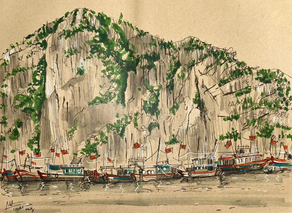 Tấp nập tàu thuyền trên Vịnh Hạ Long - ký họa của họa sĩ Trần Bình Minh