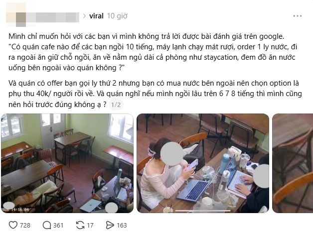 Ngồi cà phê 10 tiếng, bị phụ thu 40k/ người, nhóm khách đánh giá quán 1 sao: 