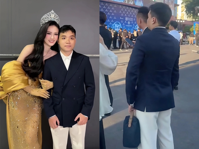 Bạn trai mặc đồ bảnh bao, diện túi Ý Nhi tặng, đến chúc mừng cô kết thúc nhiệm kỳ Miss World Vietnam.