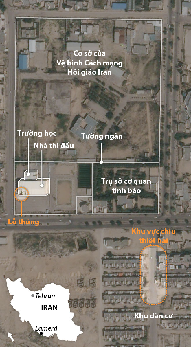Khu vực bị tập kích tại thành phố Lamerd, Iran ngày 28/2. Đồ họa: Google, NYT