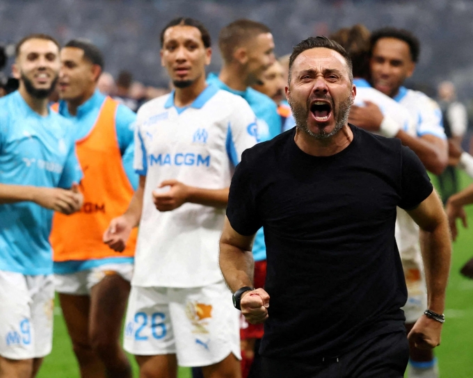 De Zerbi phấn khích sau một chiến thắng cùng Marseille ở Ligue 1 mùa này. Ảnh: Reuters