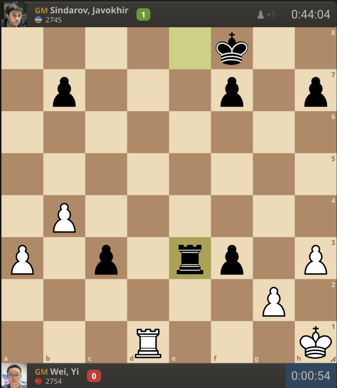 Hình cờ khi Vi Dịch (quân trắng) xin thua Sindarov. Tốt và xe đen chuẩn bị xuống hàng 2 và sẽ ghim xe lẫn vua trắng ở hàng một. Từ đó, vua đen có thể tung hoành khắp bàn cờ và bắt các tốt trắng.