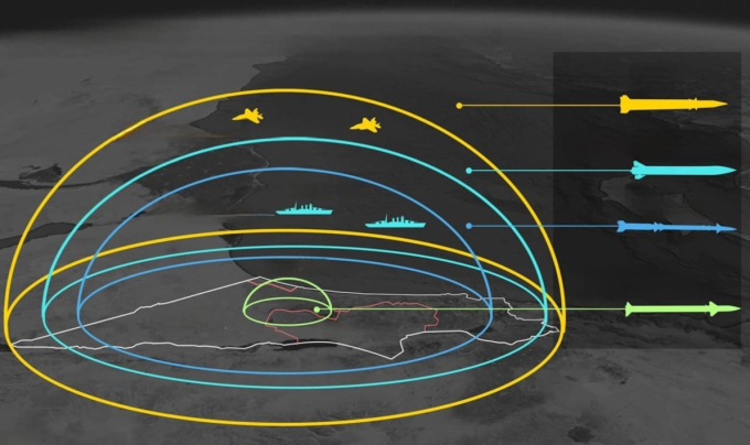 Lưới phòng không đa tầng bảo vệ lãnh thổ Israel. Bấm vào để xem chi tiết