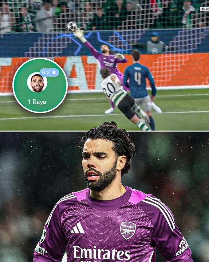 David Raya đẩy cú đá của Maxi Araujo chạm xà và được chuyên trang Sofascore chấm 8,2 điểm - cao nhất trận Arsenal thắng Sporting 1-0 ở lượt đi tứ kết Champions League trên sân Jose Alvalade, Lisbon, Bồ Đào Nha ngày 7/4/2026. Ảnh: ESPN