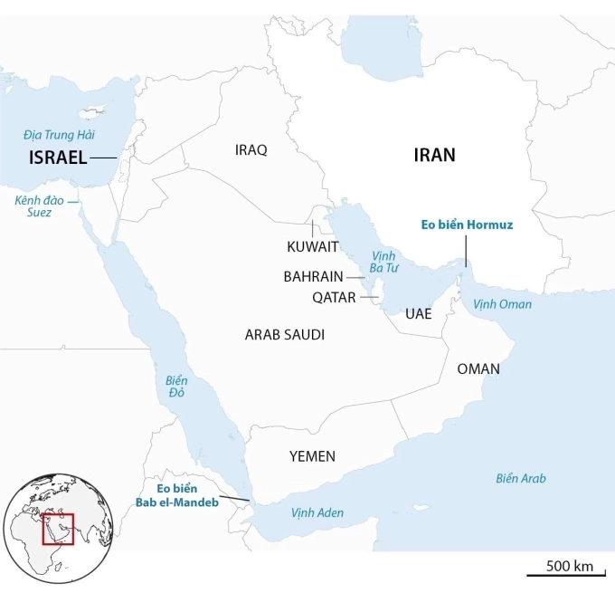 Vị trí eo biển Bab el-Manded, eo biển Hormuz cùng các khu vực lân cận. Đồ họa: Guardian