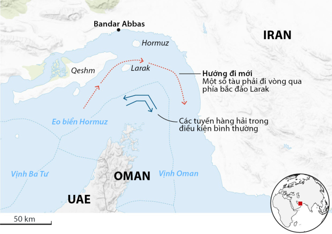 Lộ trình các tàu dầu cần thực hiện để được đảm bảo qua eo biển Hormuz an toàn. Đồ họa: Guardian