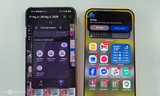 Chuyển ảnh qua AirDrop từ Oppo Find X9 Pro sang iPhone 17 Pro Max. Ảnh: Tuấn Hưng