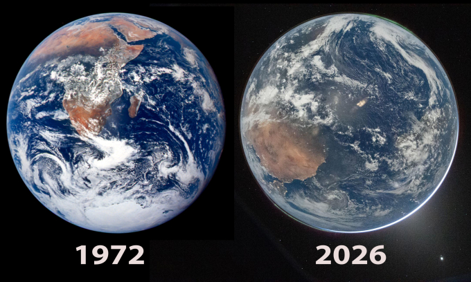 Ảnh chụp Trái Đất năm 1972 (trái) và 2026. Ảnh: NASA