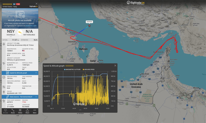 Đường bay của UAV MQ-4C trước khi mất liên lạc. Đồ họa: Flightradar24