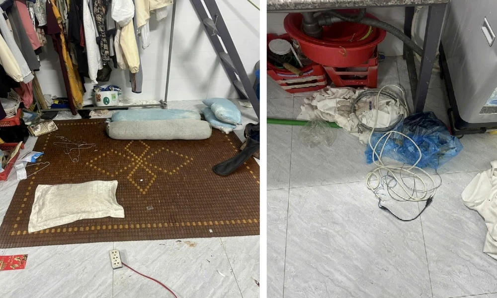 Tang vật vụ án là đoạn dây diện mà gã chồng dùng để gây án được giấu trong máy giặt quần áo. Ảnh: Công an giết vợ 2.jpg