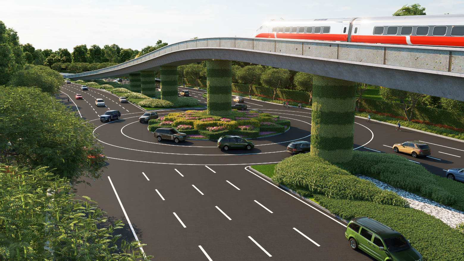 Phối cảnh trục giao thông 10 làn xe kết nối cùng tuyến tàu điện LRT đầu tiên.
