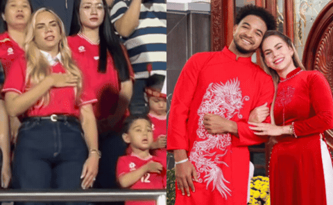 Đáng yêu vô cùng: Vợ con Xuân Son cùng đặt tay lên ngực trái, hát Quốc ca Việt Nam đầy tự hào trên khán đài!- Ảnh 1.